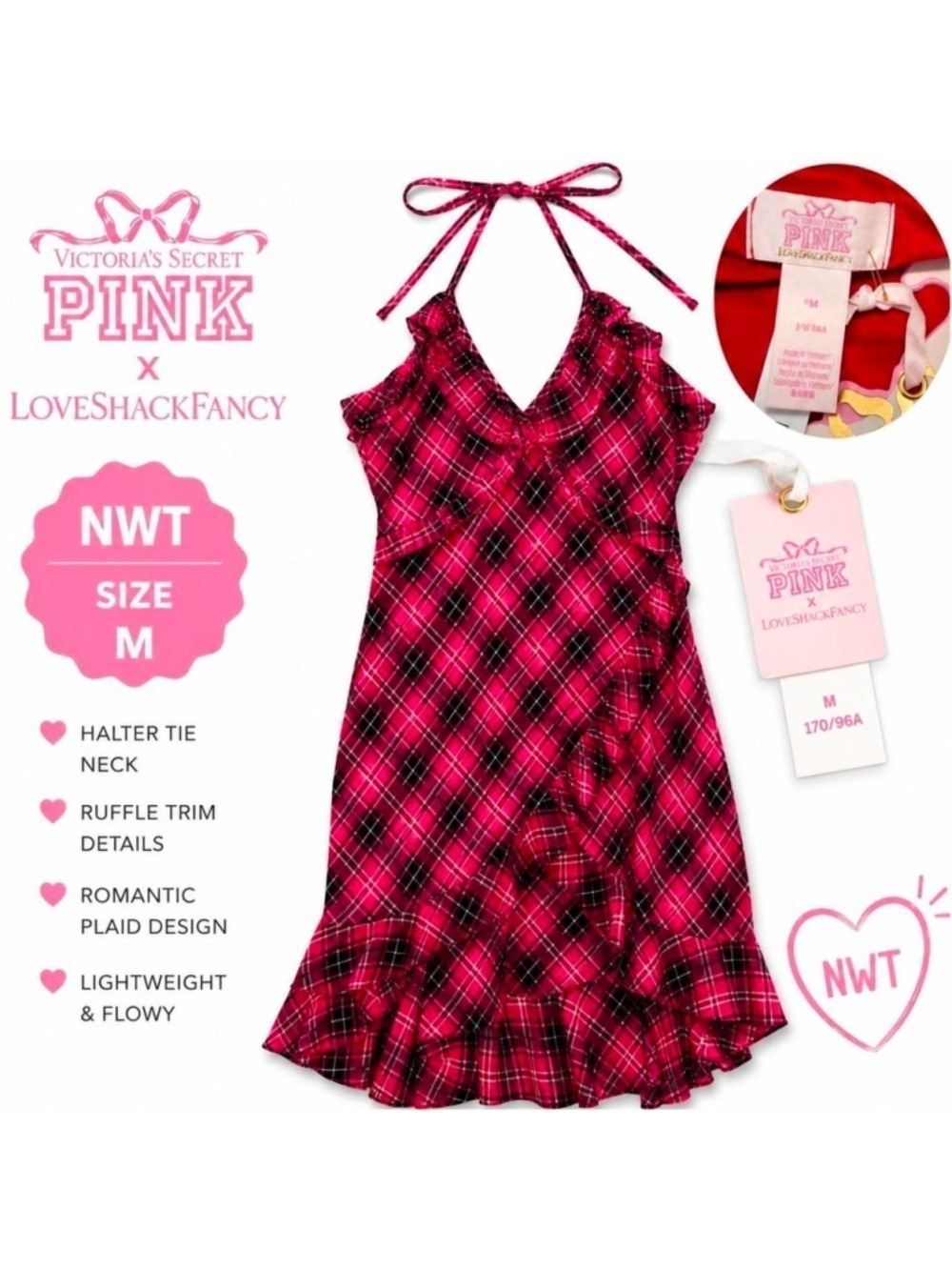 NWT PINK Victoria's Secret  LoveShackFancy Plaid Ruffle Halter Midi Dress Medium